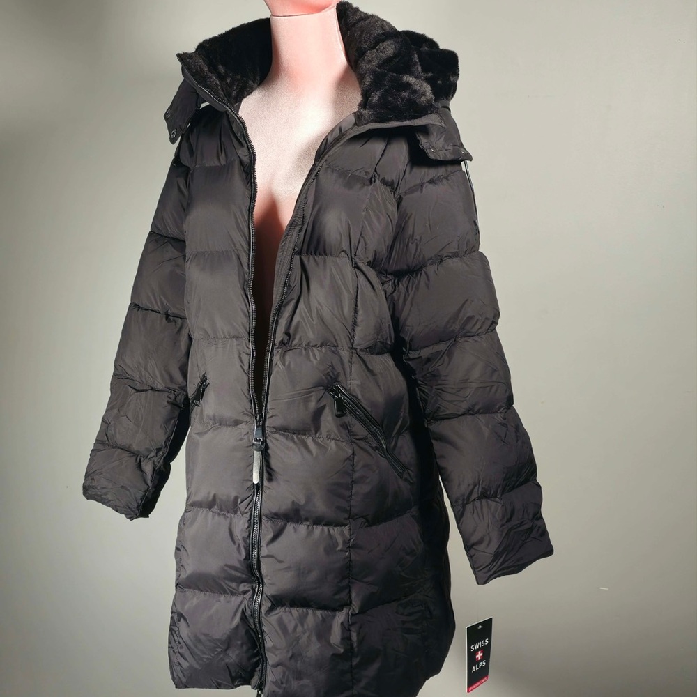 NWT Swiss Alps Black Women's Puffer Coat with Faux-Fur Hood